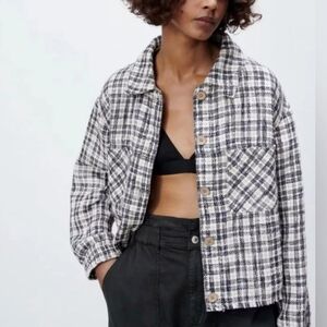 ZARA New Black White Tweed Fringe Trim Oversized Button Front Shacket Size XS